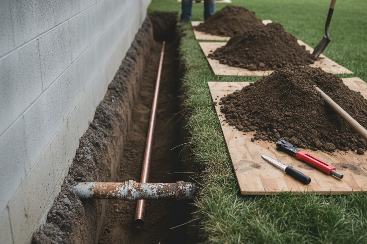 Excavated water line trench during Water Softener Installation in Walhalla